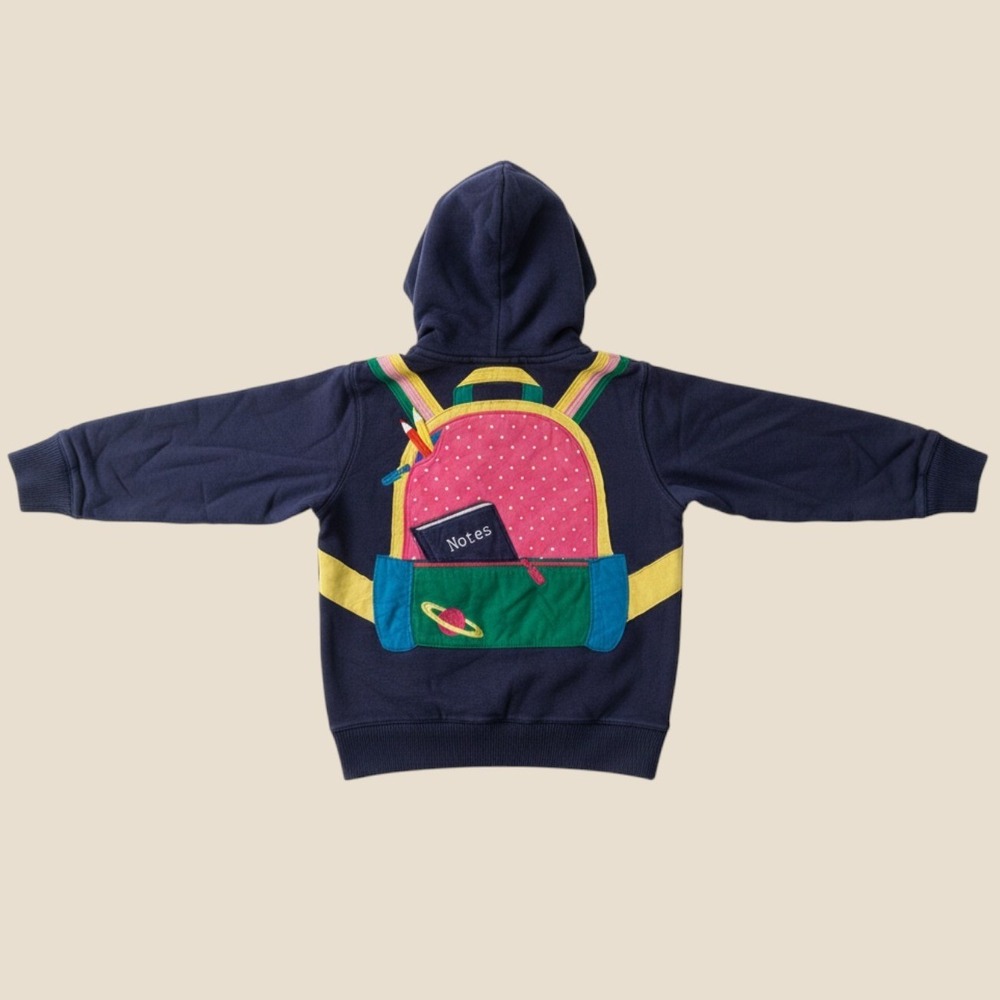 Mini Boden Kids Navy Blue Sherpa Lined Backpack Applique Zip Hoodie G2797 8-9Y